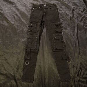Black Slim-Fit Cargo Pants with Utility Pockets and Ring Accents